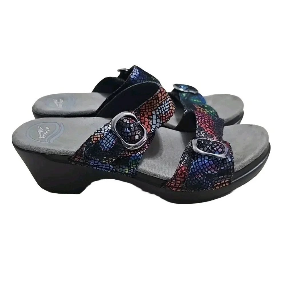 Dansko Sophie 2 Strap Rainbow Mosaic Leather Wedge Sandals Sz EU 40 Women T07‎